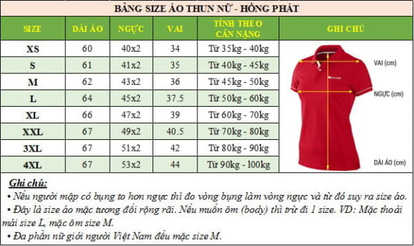 Bảng size áo thun nữ tại Hồng phát